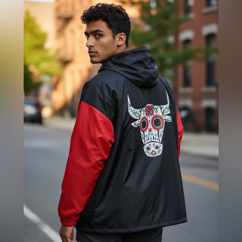 Chicago Bulls Los Bulls Black & Red Windbreaker / Rain Jacket SZ L